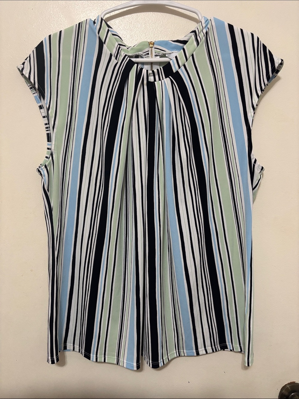 Liz Claiborne Vertical Stripe Cap Sleeve Blouse in Light Blue, Mint & Black